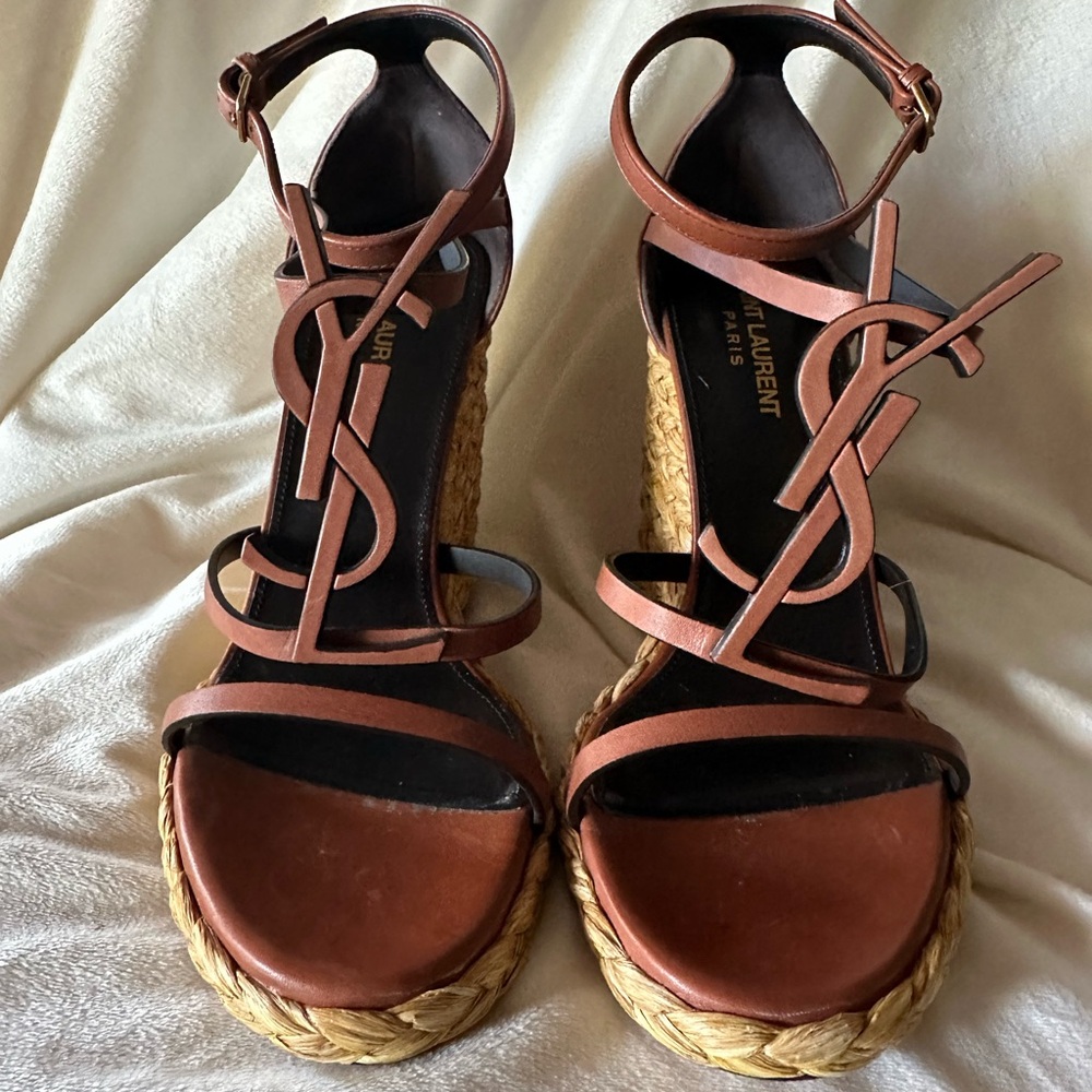 Cassandra YSL Logo Raffia Wedge Sandal Size 39 1/2
